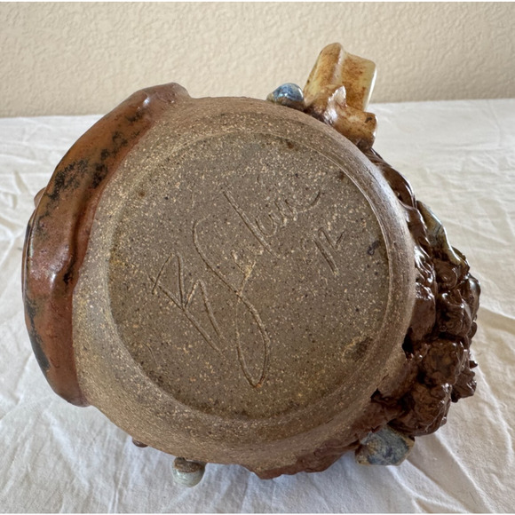 Handmade Pottery Folk Art Ugly Face Jug Big Toothy Smile CHEESE Signed - Picture 5 of 10